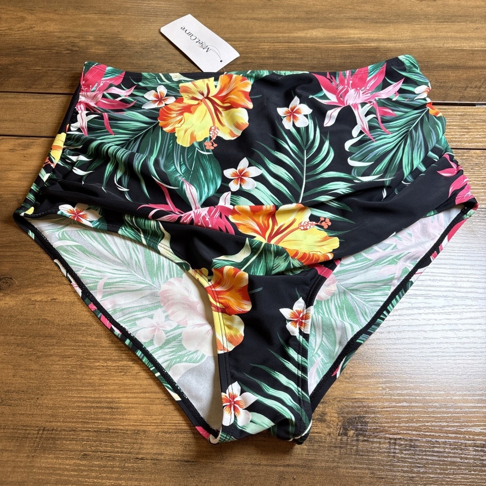 NWT Meet Curve Women XL Black Bikini Bottom Tropical High Waisted Nylon Spandex